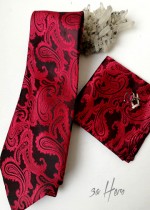 Луксозен комплект вратовръзка кърпичка и ръкавели за абитуриентски бал в червено и черно